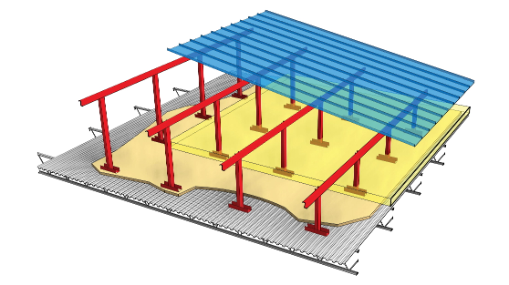 metal roof installation graphic. Post-purlin over metal deck and joists 