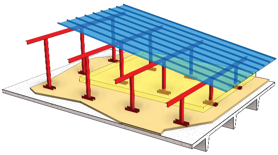 metal roof installation graphic. Post-purlin over concrete deck