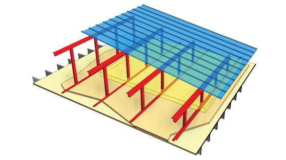 metal roof installation graphic. post-purlin over wood joists. 