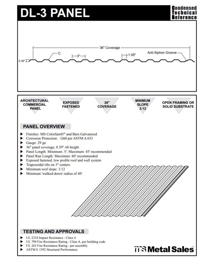 DL-3 Panel Roof and Wall panel Specs