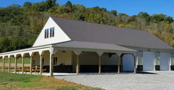 Metal building with metal roof with exposed fastened roof panels