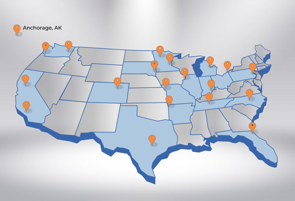 United States Map of Service Areas including: California, Texas, Colorado, Florida, North Carolina, Pennsylvania, Ohio, Indiana, Illinois, Michigan, Minnesota, South Dakota, Missouri, Arkansas, Tennessee, and Washington